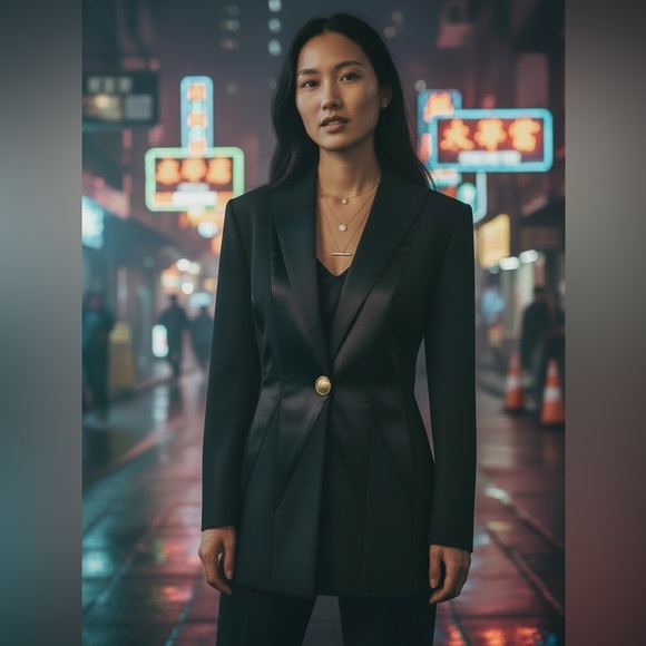 Vintage Jackets & Blazers - Black Tailored Blazer with Geometric Waist Detail